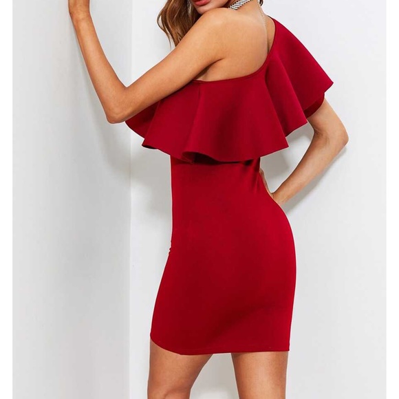 Red One Shoulder Statement Ruffle Bodycon Dress - Picture 2 of 6